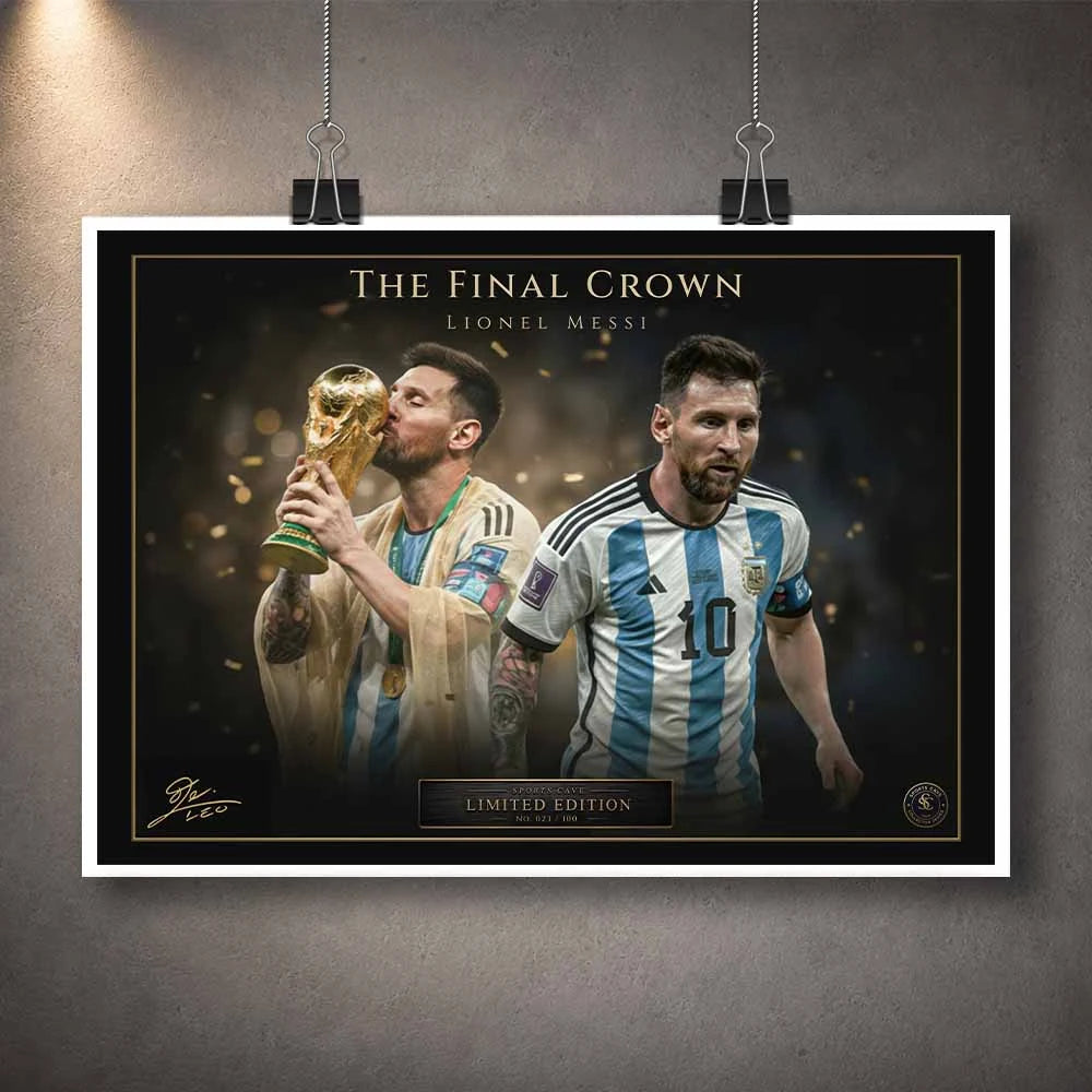 Unframed Lionel Messi sports wall art print showcasing Argentina’s World Cup triumph in modern style.