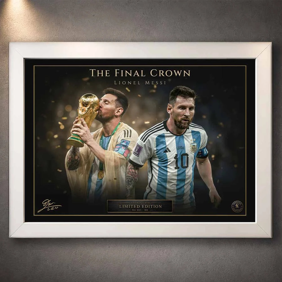 White framed Lionel Messi World Cup artwork featuring Argentina legend in premium sports collectibles display.
