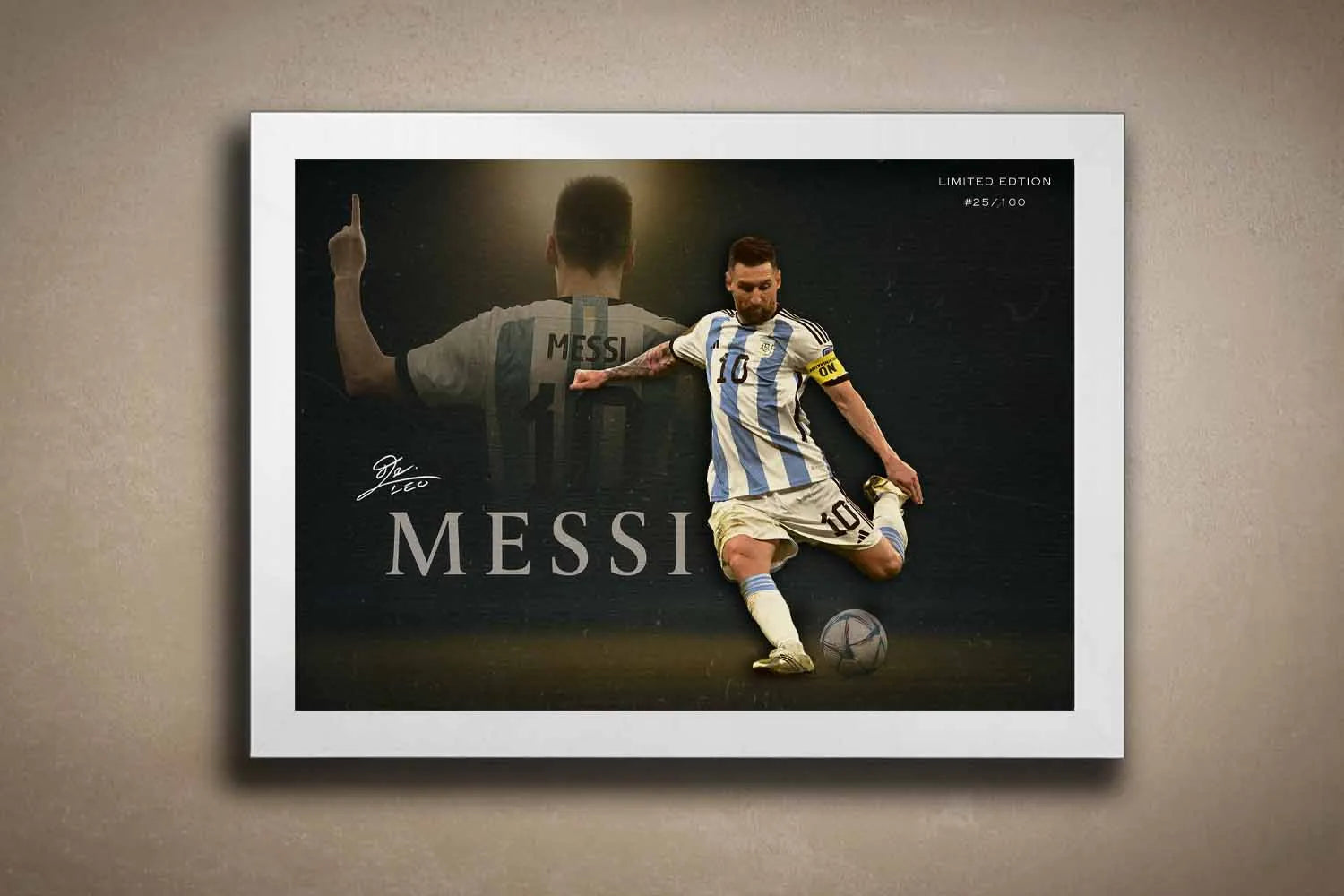 Lionel Messi wall art in Argentina kit — white-framed by Sports Cave; collector-grade framed sports memorabilia.