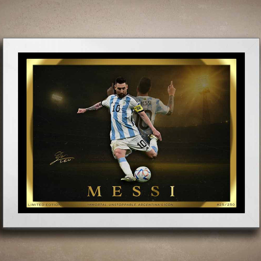 Limited edition Lionel Messi wall art in a white frame, featuring premium sports collectibles ideal for man cave wall décor and framed sports memorabilia lovers.
