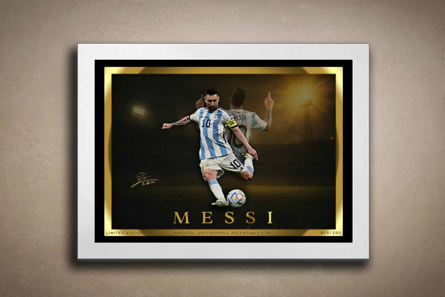 Limited edition Lionel Messi wall art in a white frame, featuring premium sports collectibles ideal for man cave wall décor and framed sports memorabilia lovers.