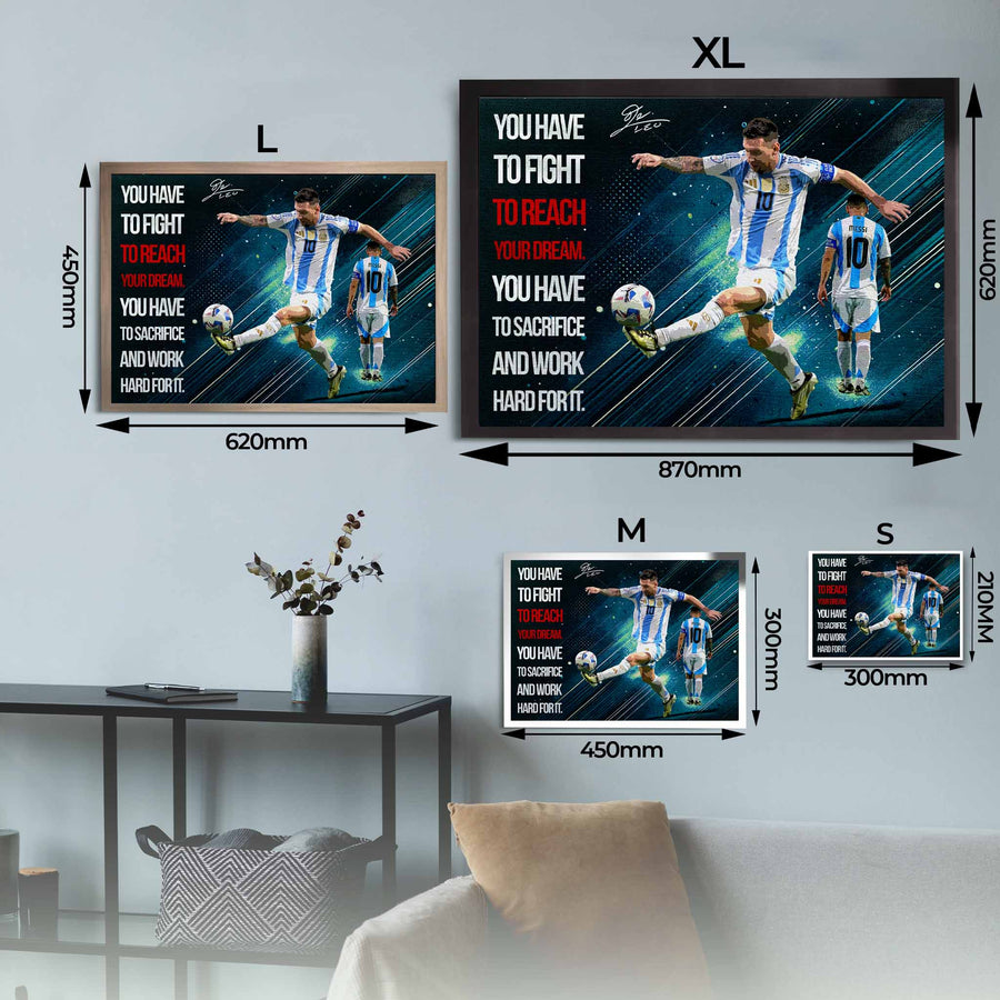 Size guide showing all four poster formats of our limited-edition Lionel Messi wall art, a motivational framed sports art piece perfect for man cave wall décor or gym setups.