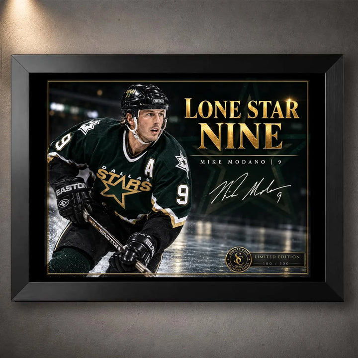 Black framed Mike Modano hockey wall art featuring the Lone Star Nine design for a Dallas Stars collector display.