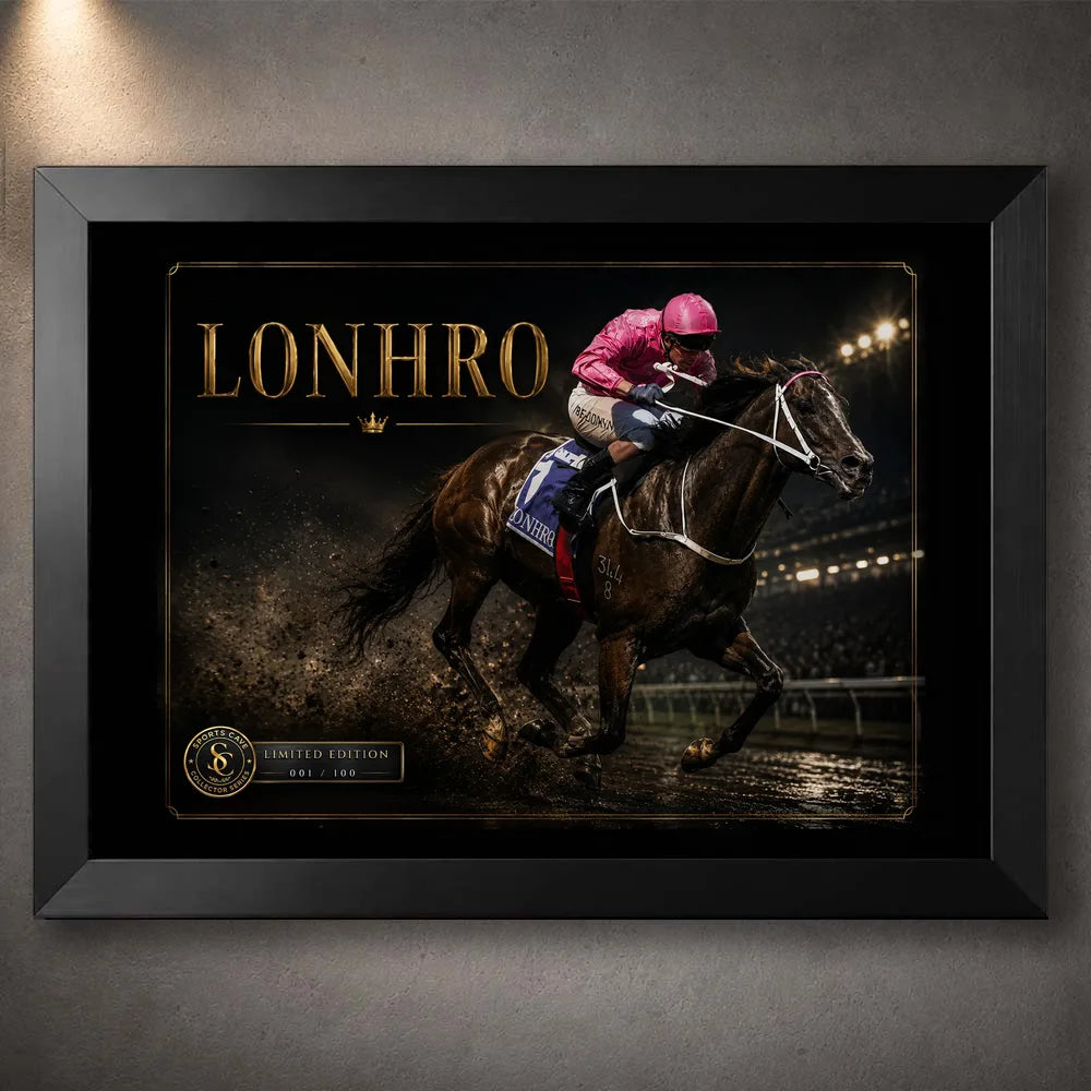 Lonhro horse racing wall art displayed in a black frame against a grey wall with soft overhead lighting.