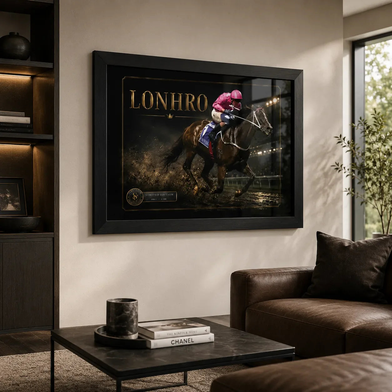 Black-framed Lonhro horse racing wall art displayed in a warm neutral living room above a leather sofa.
