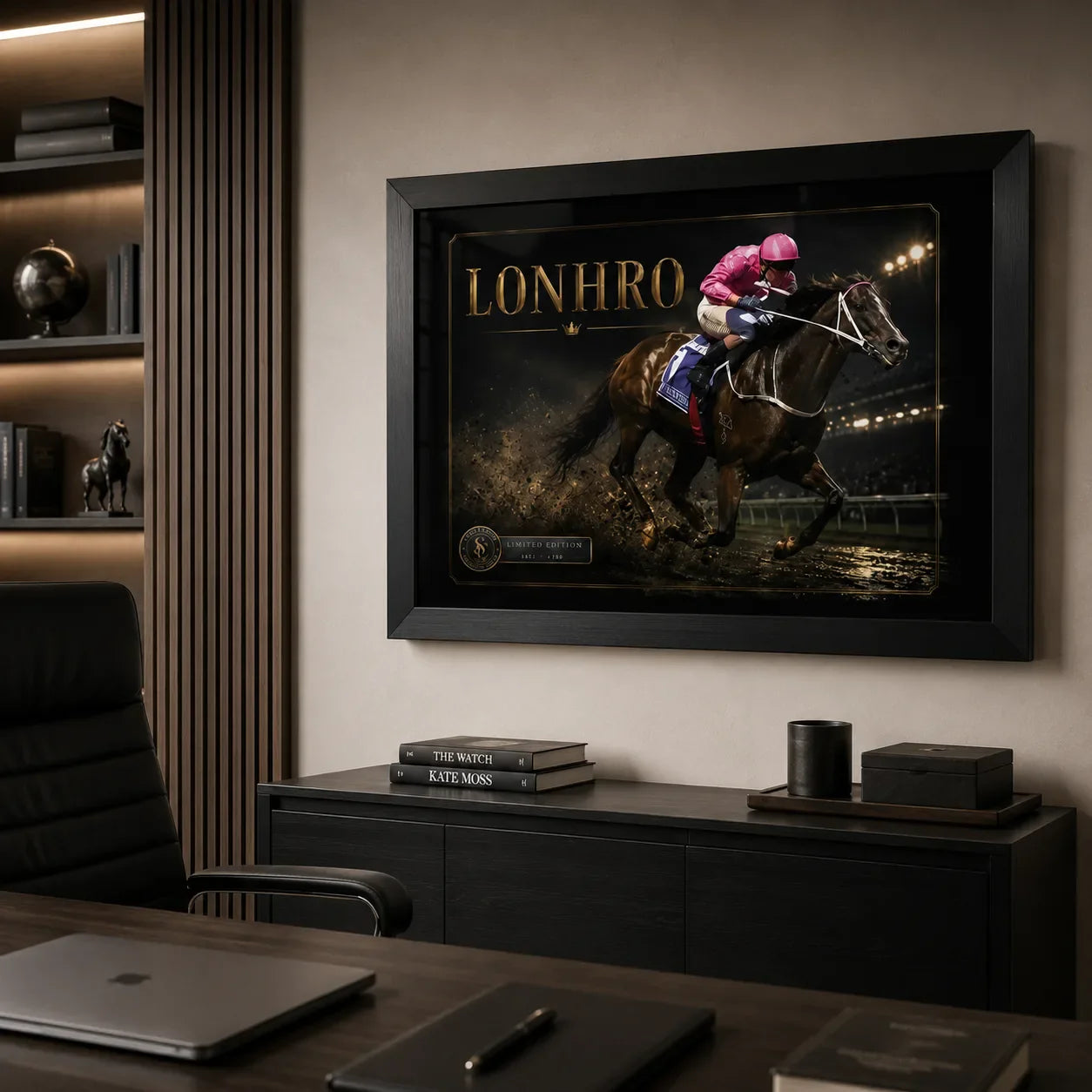 Black-framed Lonhro horse racing wall art displayed in a refined office above a low cabinet and dark timber desk.