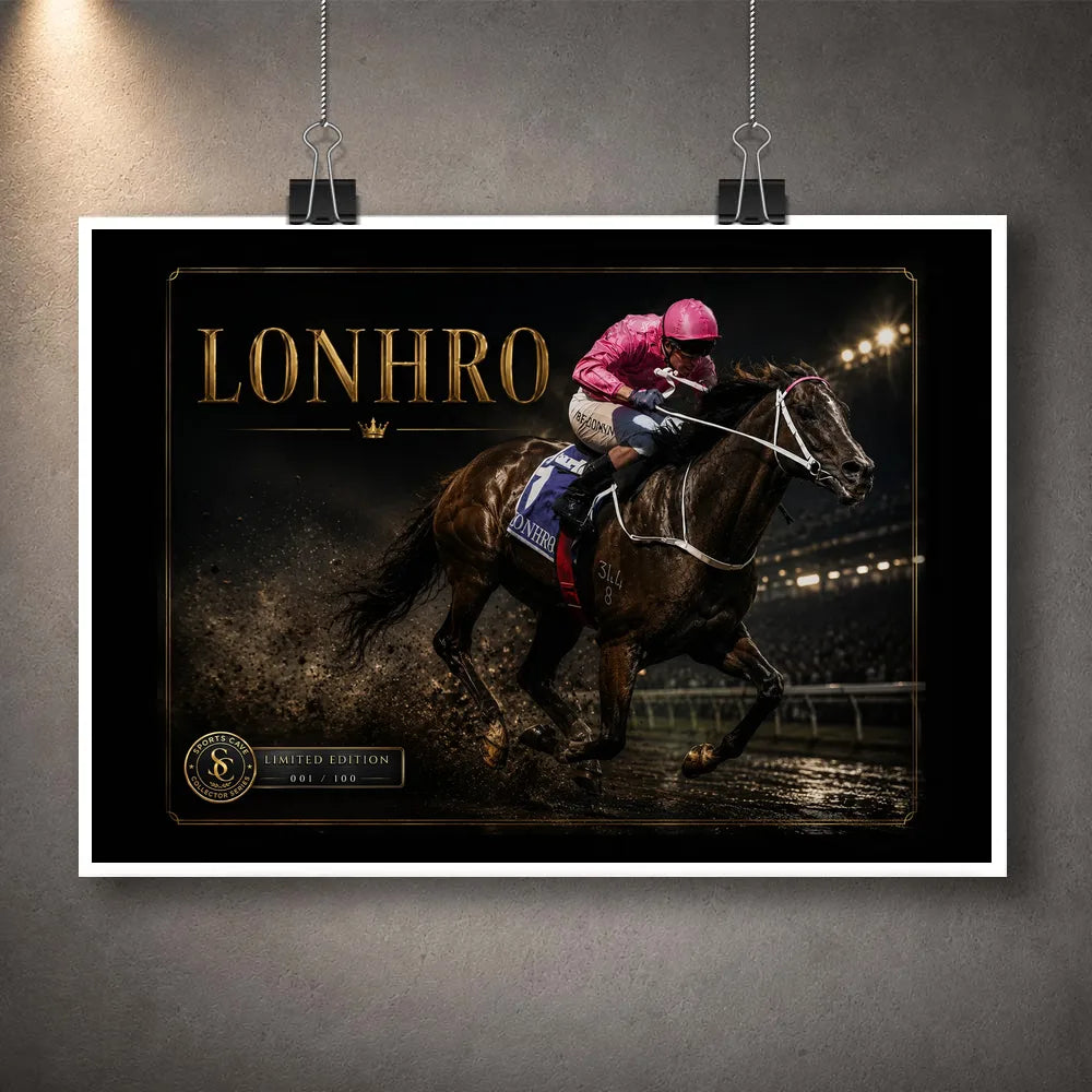 Unframed Lonhro horse racing wall art shown as a print clipped against a textured grey wall.