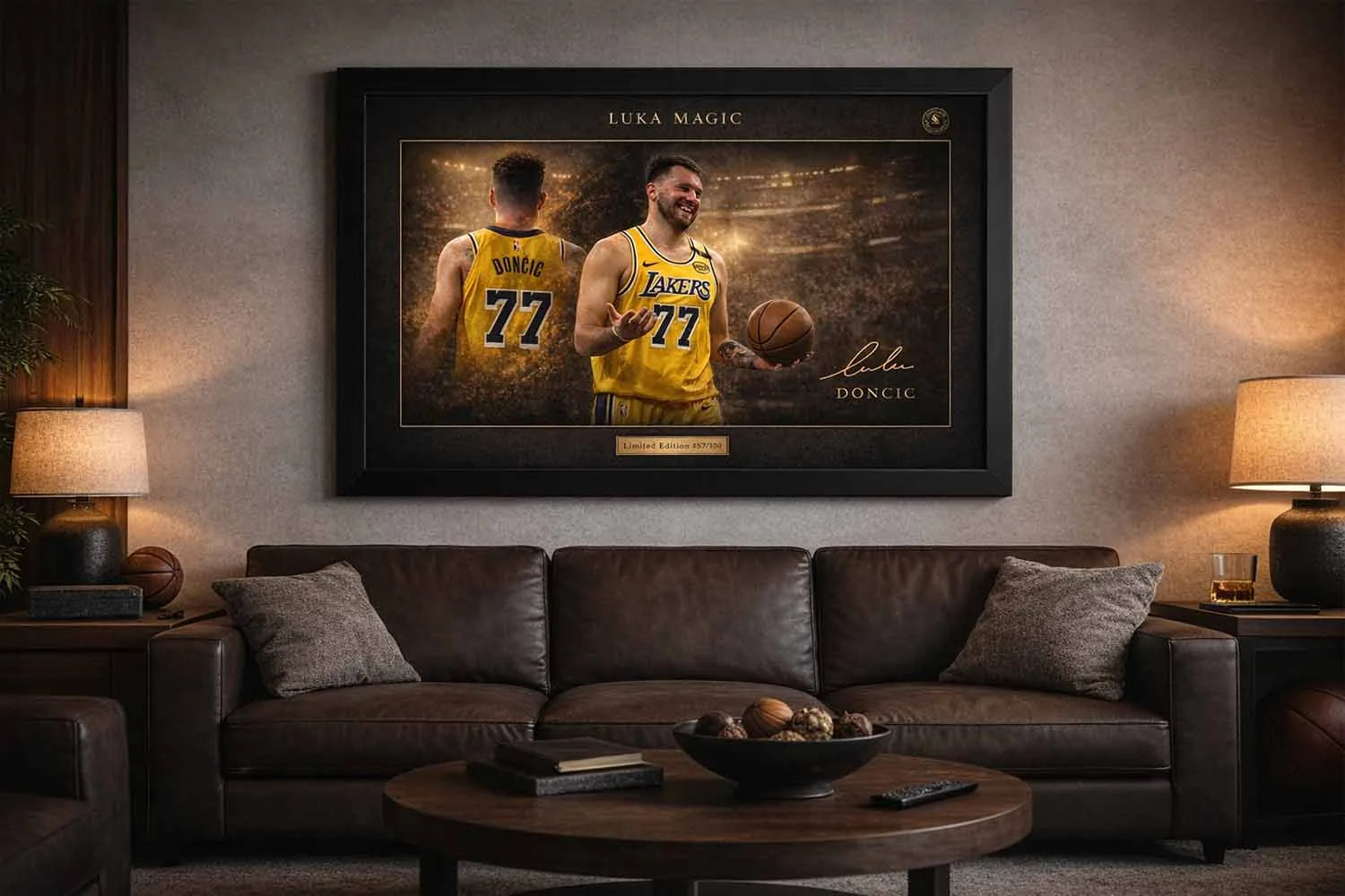 Luka Dončić Lakers wall art displayed above leather sofa in stylish man cave wall décor setting.
