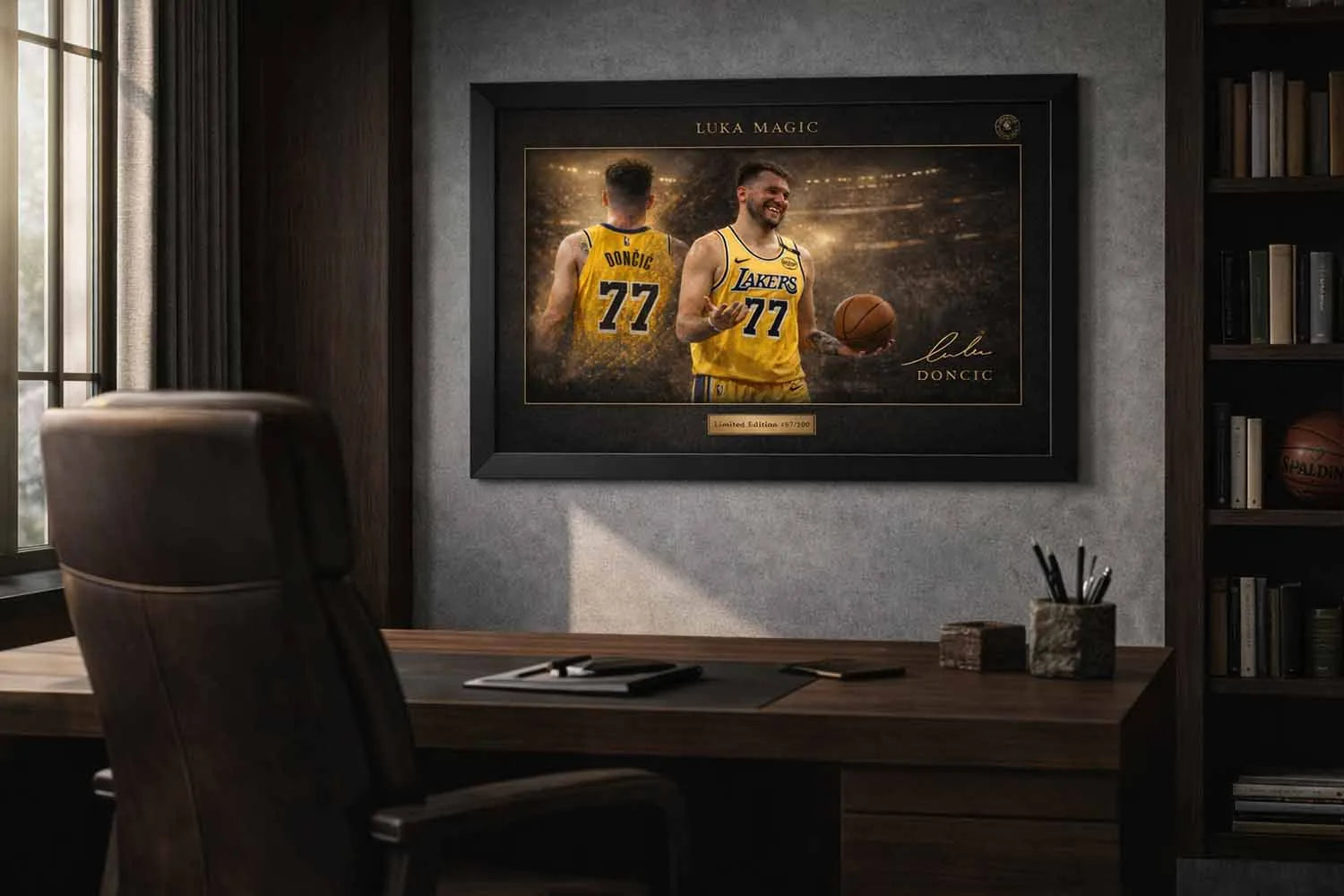 Luka Dončić “Luka Magic” framed NBA wall art showcased in modern home office with dark wood tones.