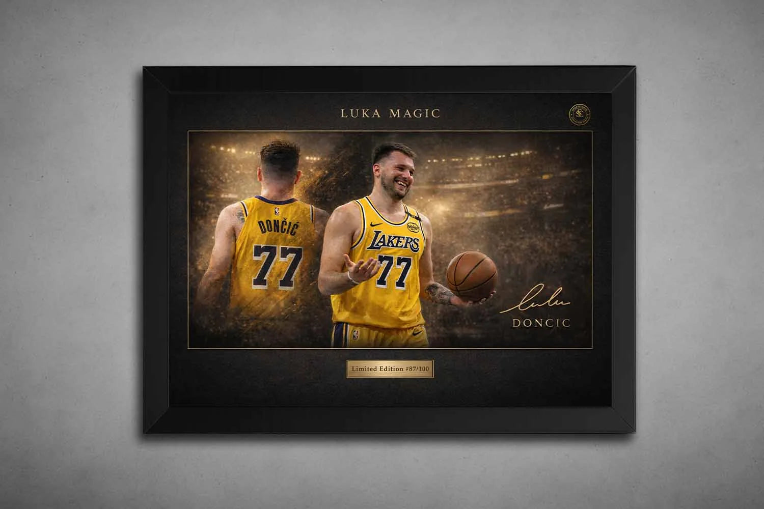 Luka Dončić Lakers framed artwork in matte black frame, premium sports collectibles for serious NBA fans.