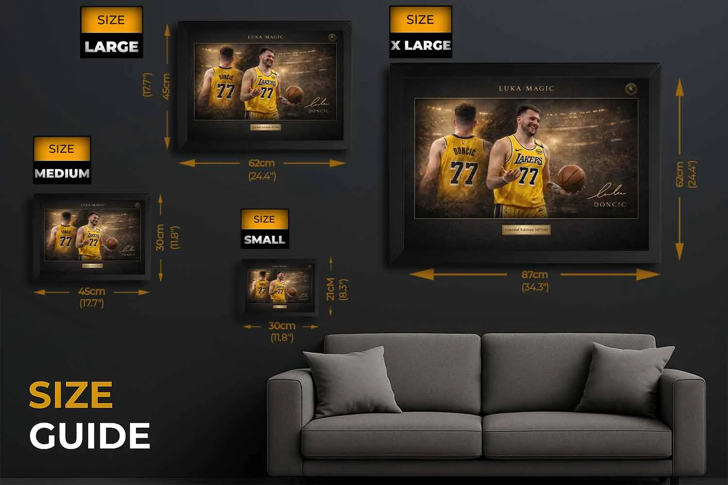 Luka Dončić framed NBA wall art size guide showing small, medium, large and XL display dimensions.
