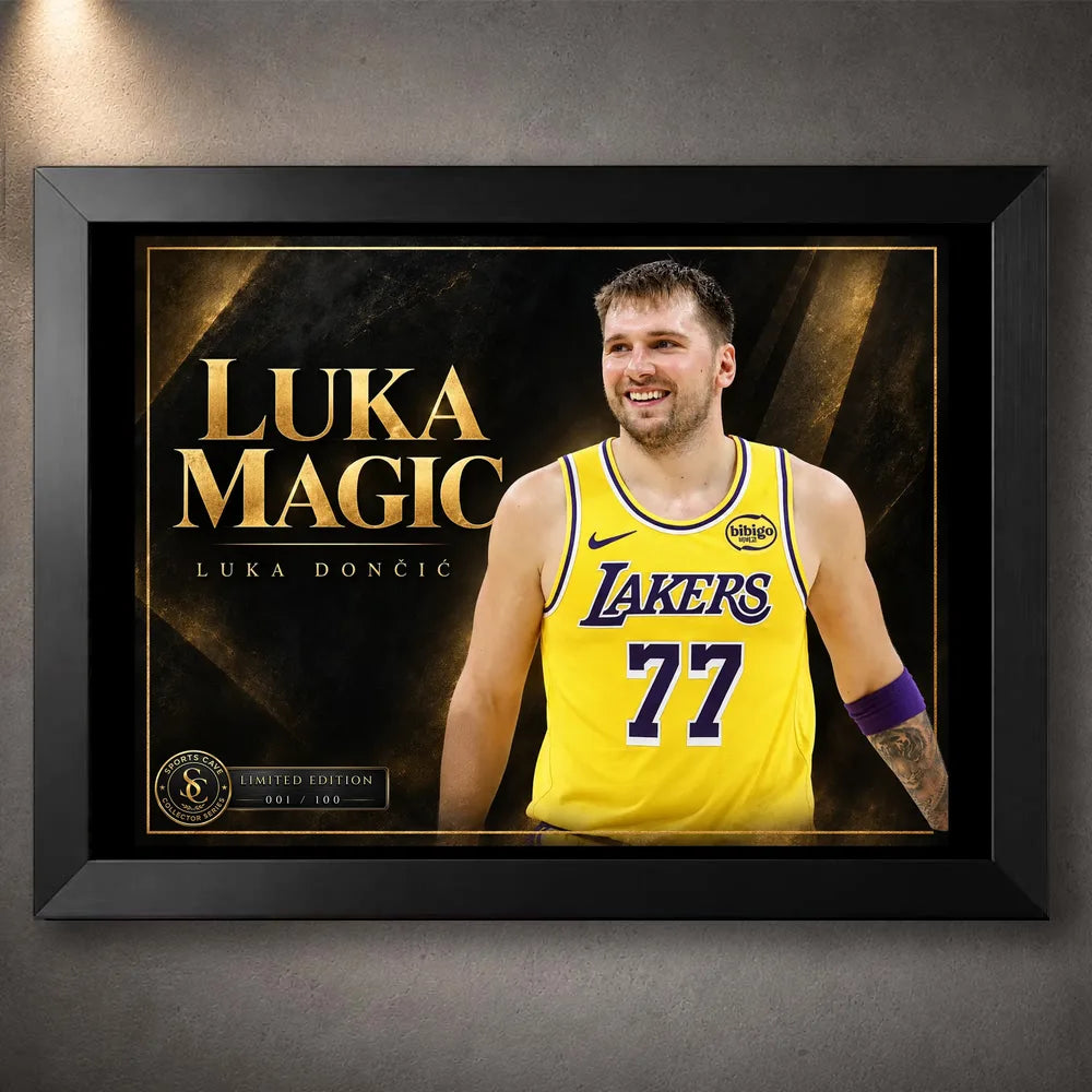 Luka Doncic Luka Magic NBA wall art in a black frame, showing his Lakers number 77 jersey against a black and gold design.