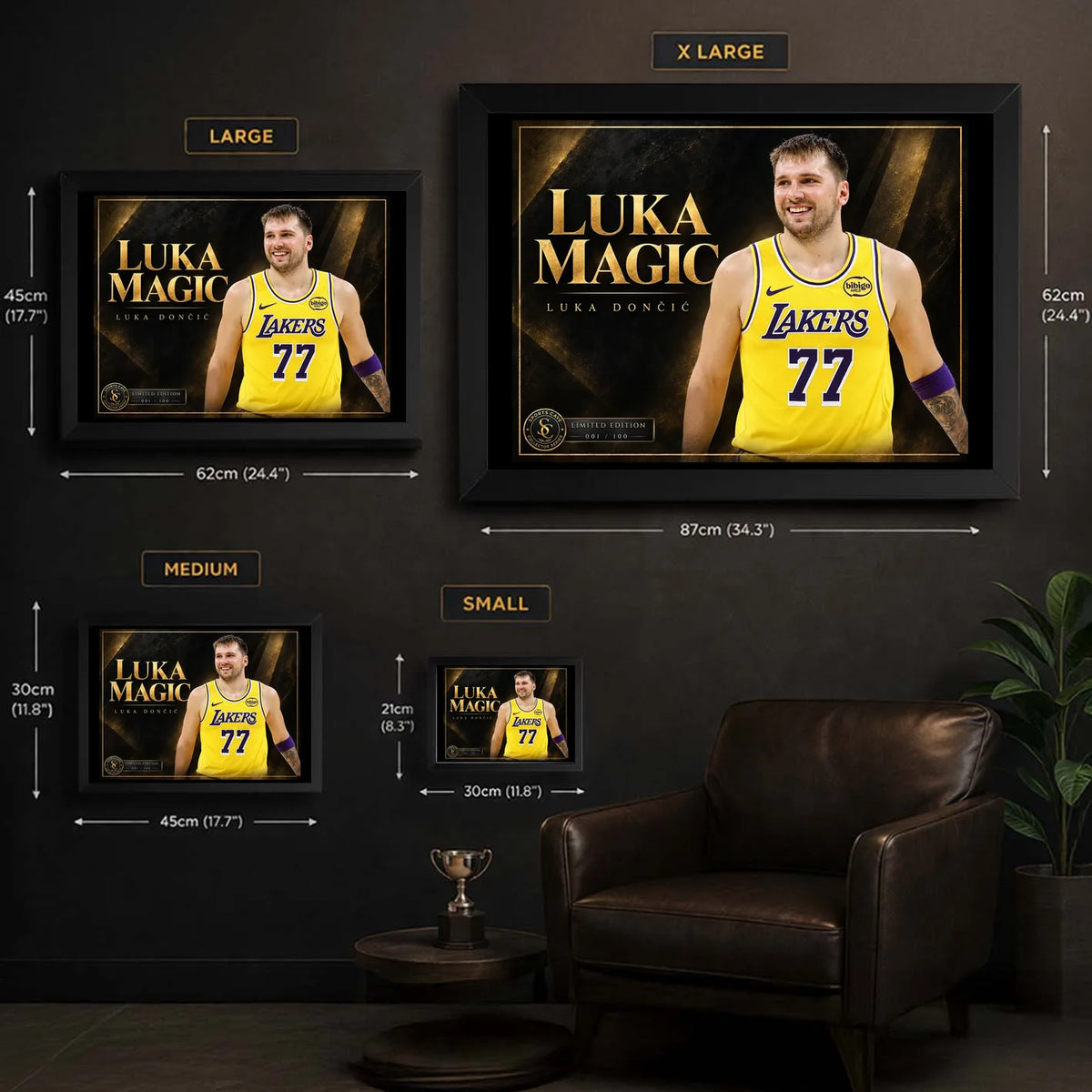 Luka Doncic Luka Magic size guide comparing XL, Large, Medium and Small framed editions with centimetre and inch measurements.