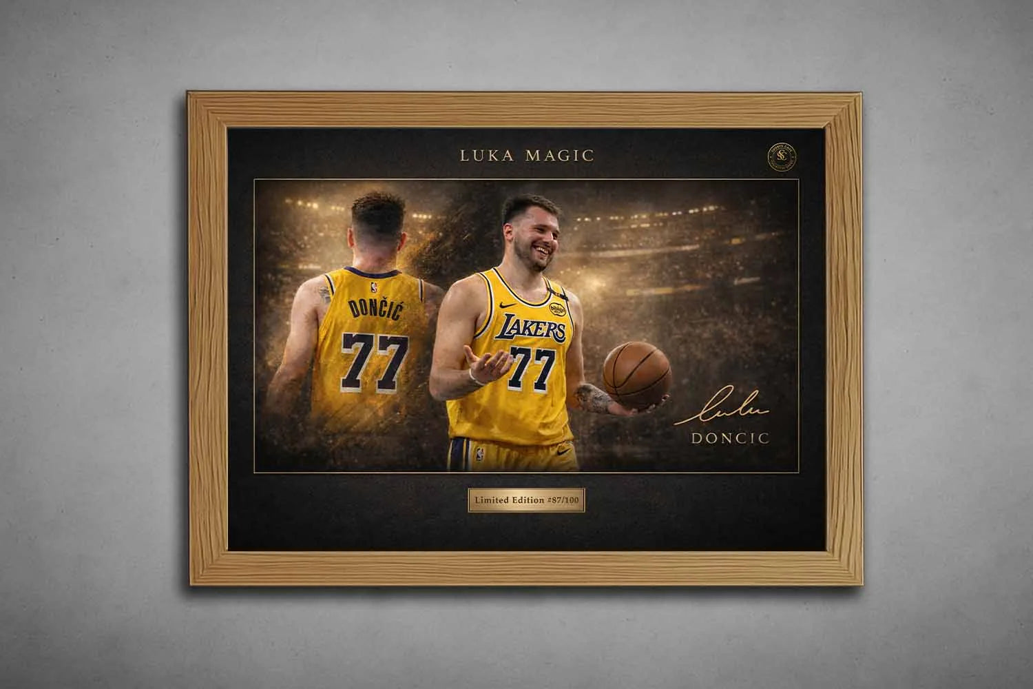 Luka Dončić Lakers artwork in natural oak frame, framed sports art with warm contemporary finish.