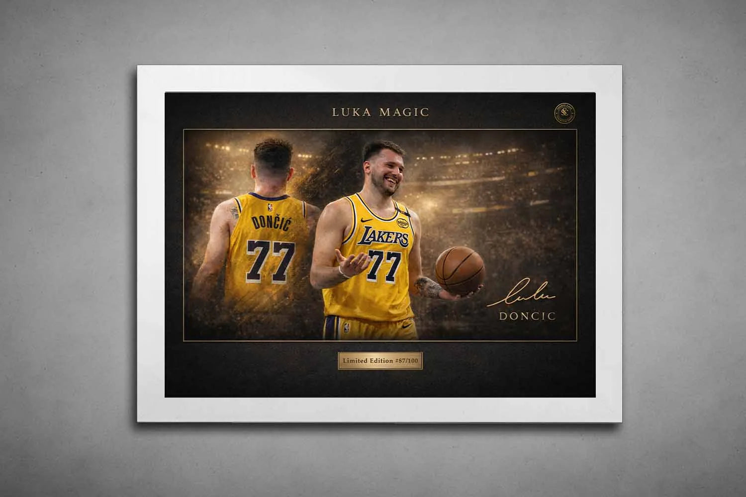 Luka Dončić Lakers “Luka Magic” artwork in sleek white frame, limited edition sports prints for modern interiors.