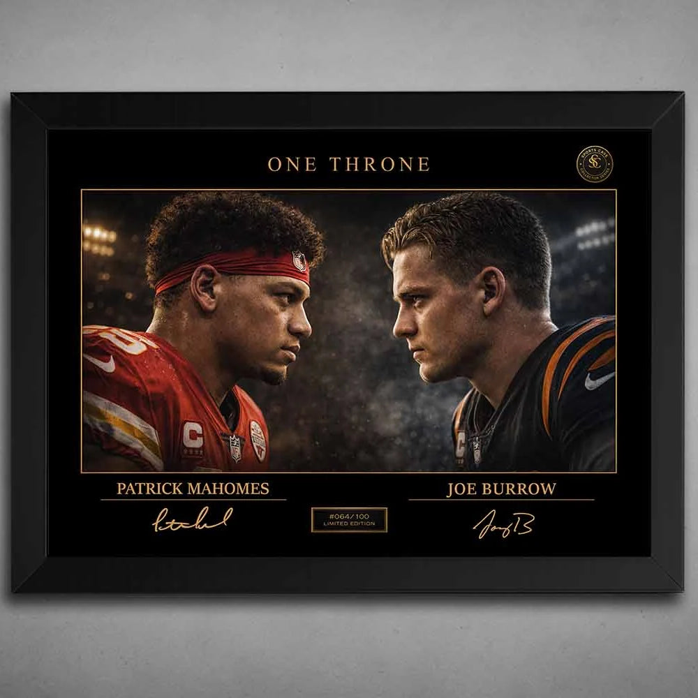 Mahomes vs Burrow rivalry artwork in matte black frame, bold sports wall art capturing NFL quarterback dominance