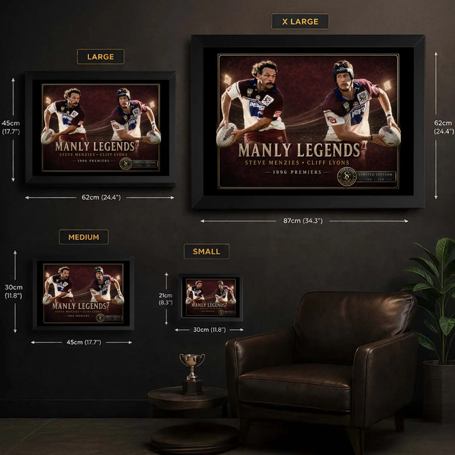 Manly Legends Steve Menzies and Cliff Lyons wall art size guide showing the available framed dimensions.