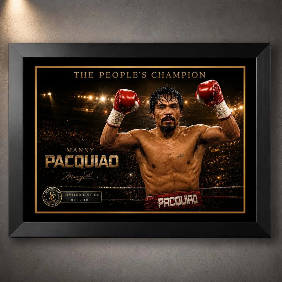 Black framed Manny Pacquiao “The People’s Champion” boxing wall art with raised gloves, arena lights and gold detailing.