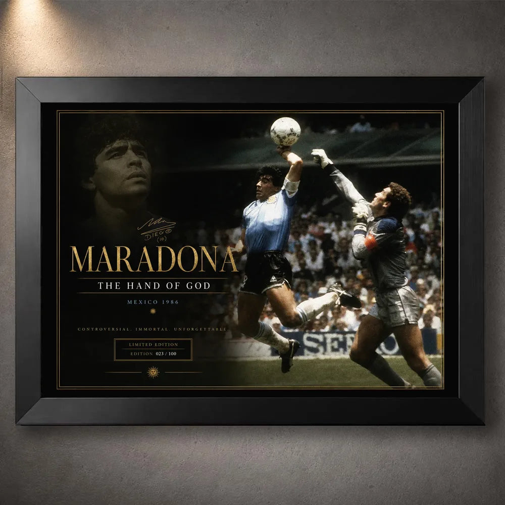 Diego Maradona soccer wall art in a black frame, featuring the iconic Mexico 1986 football moment.