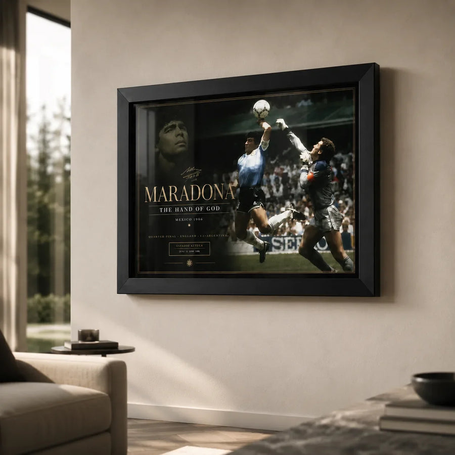 Diego Maradona soccer wall art displayed in a premium living room beside soft natural light.