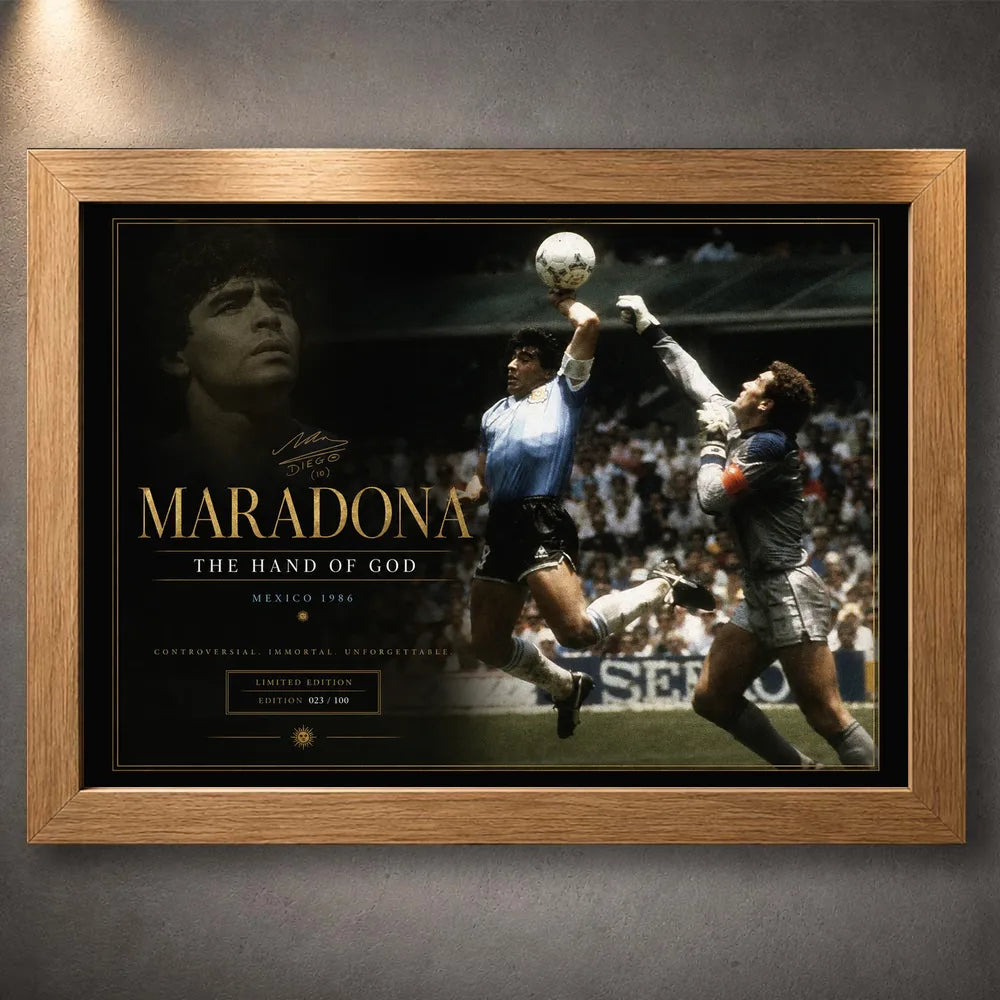 Diego Maradona soccer wall art in a natural oak frame, featuring the legendary Mexico 1986 moment.