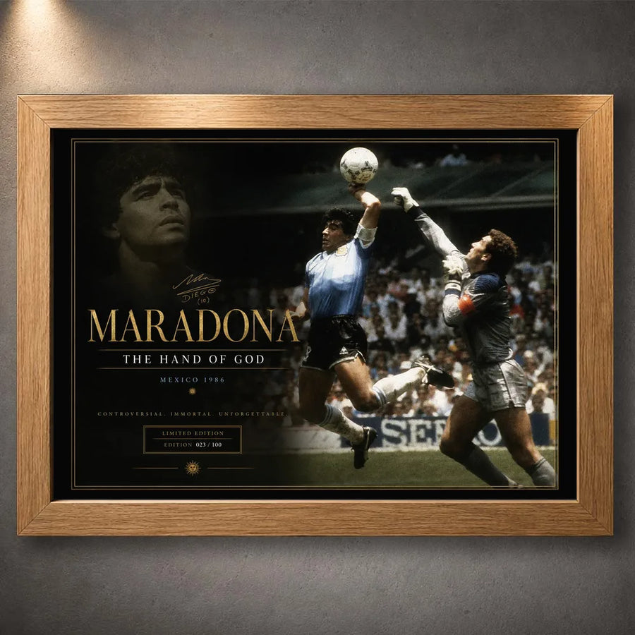 Diego Maradona soccer wall art in a natural oak frame, featuring the legendary Mexico 1986 moment.