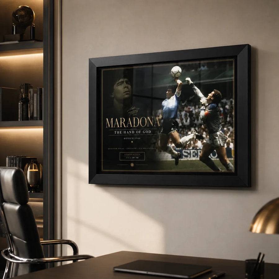 Diego Maradona framed sports art styled in a premium office with warm shelving and desk decor.