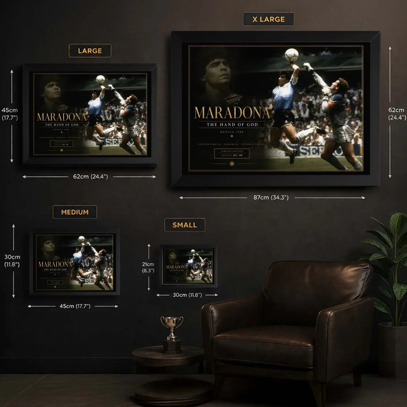Diego Maradona soccer wall art size guide showing small, medium, large and XL framed print options.