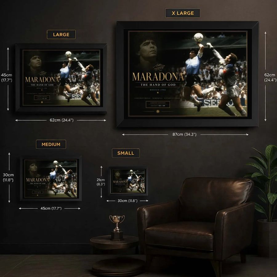 Diego Maradona soccer wall art size guide showing small, medium, large and XL framed print options.