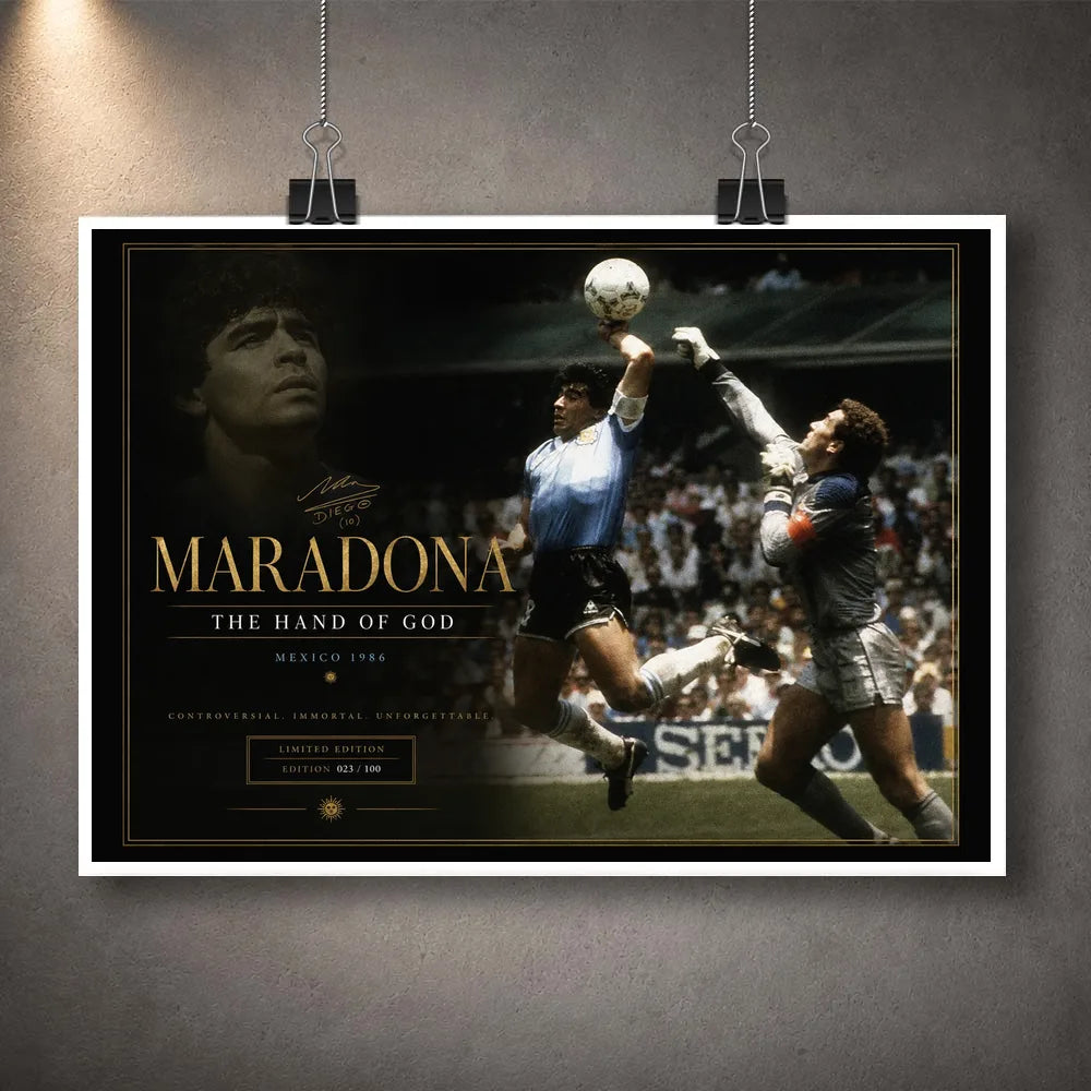 Unframed Diego Maradona soccer wall art print featuring the controversial Mexico 1986 football moment.
