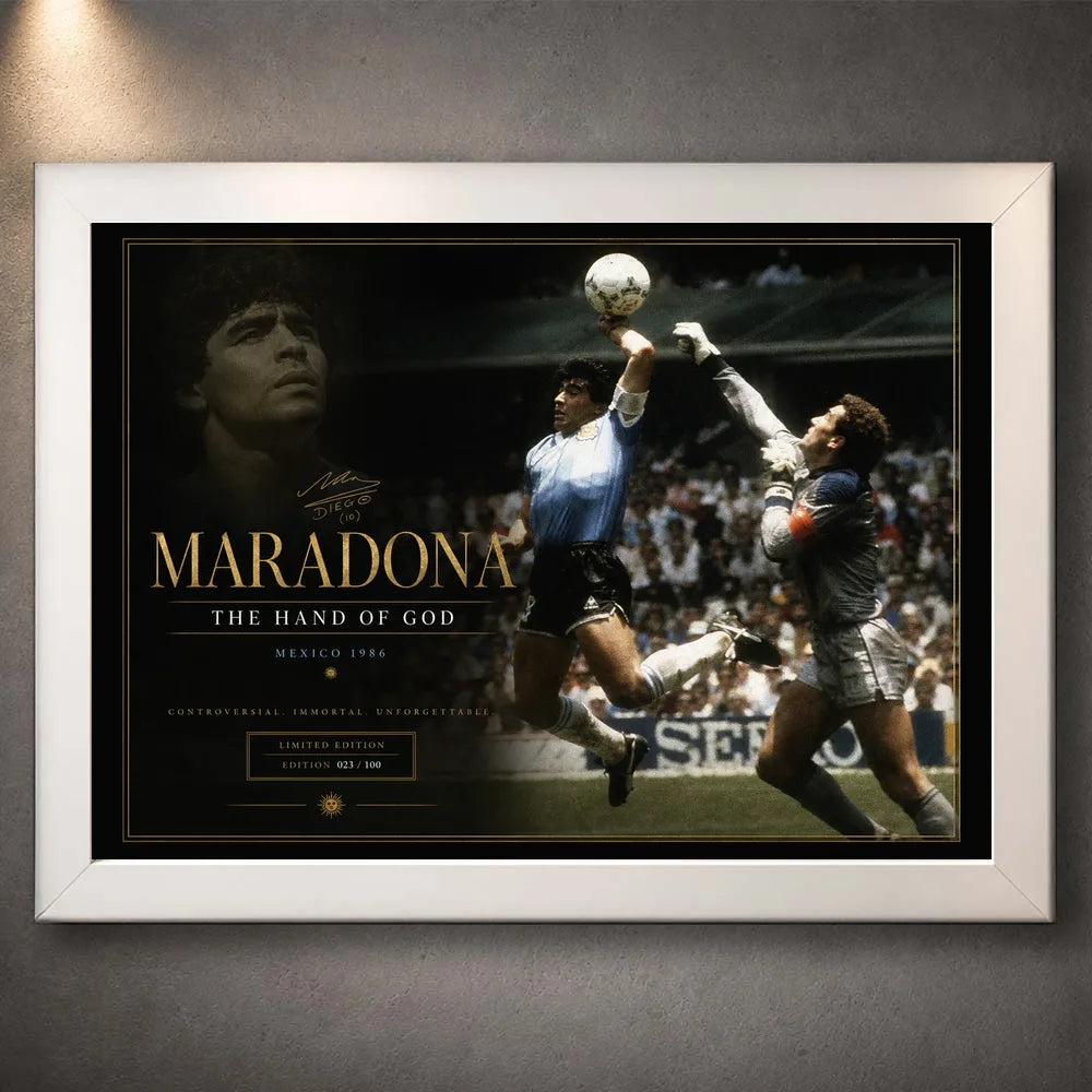 Diego Maradona soccer wall art in a white frame, designed for clean premium football wall decor.