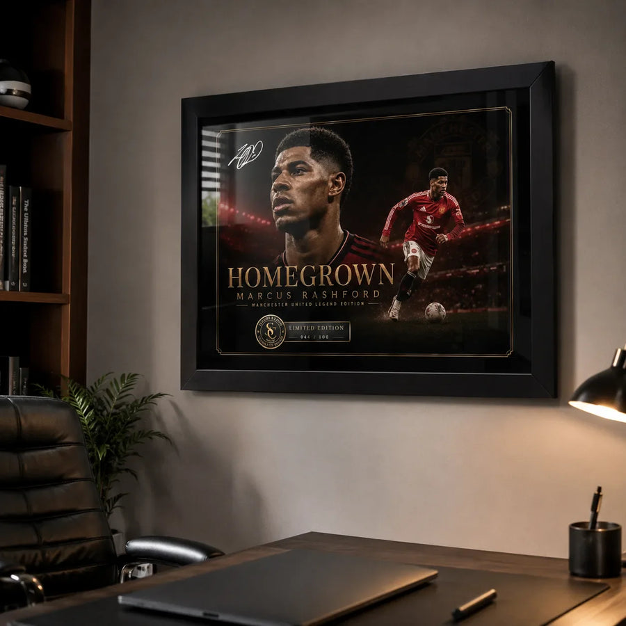 Marcus Rashford Manchester United framed sports wall art displayed in a home office with desk and black chair.