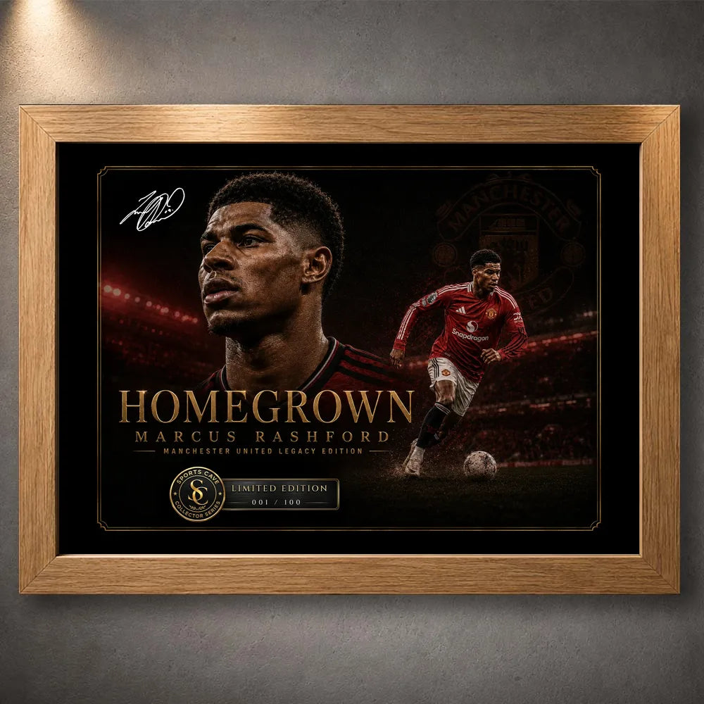 Marcus Rashford football wall art in an oak frame with dark stadium artwork.