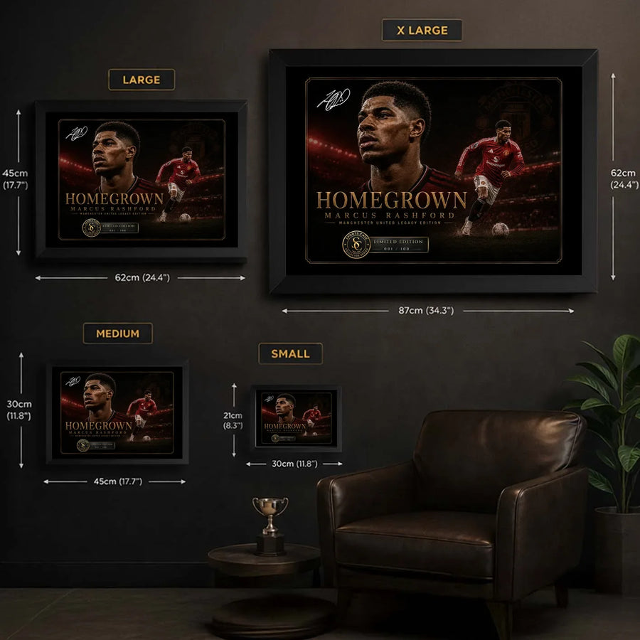 Marcus Rashford wall art size guide showing framed artwork dimensions.