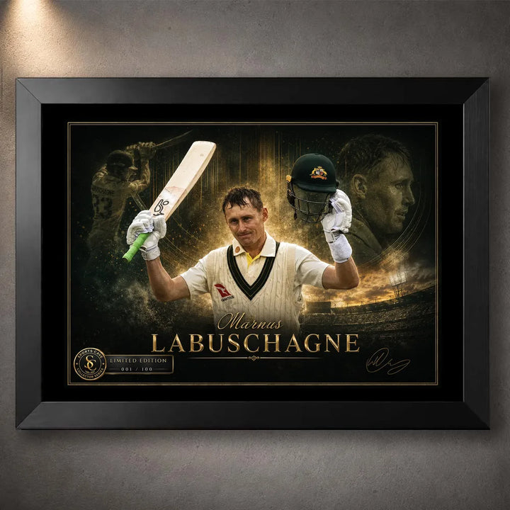 Marnus Labuschagne cricket wall art displayed in a premium black frame with limited edition collector detailing.