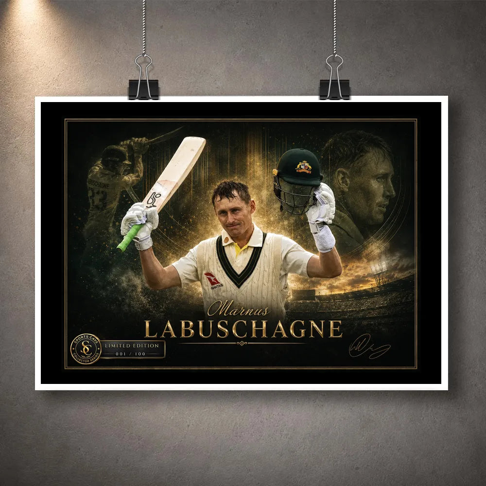 Unframed Marnus Labuschagne cricket wall art print shown with white border and black clips against a textured wall.