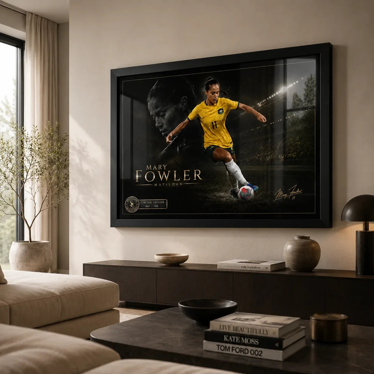 Mary Fowler wall art displayed in a warm neutral living room with a large black frame above a dark timber console.