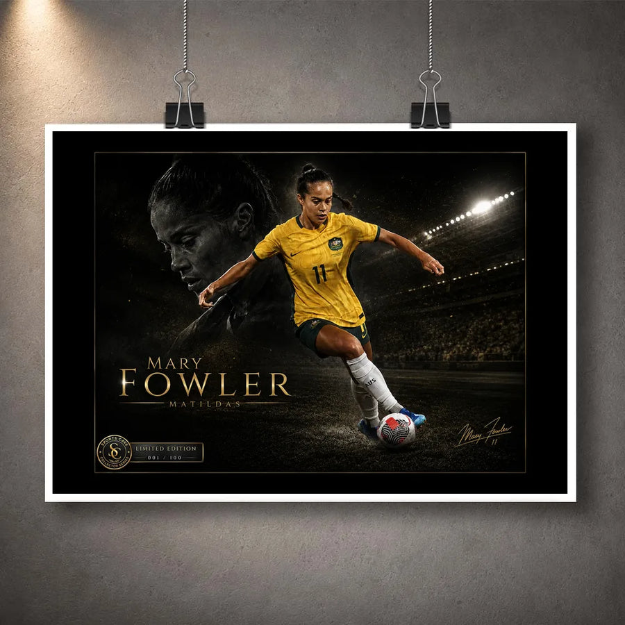Unframed Mary Fowler soccer wall art featuring the Matildas player in yellow with a dark stadium background and collector design.