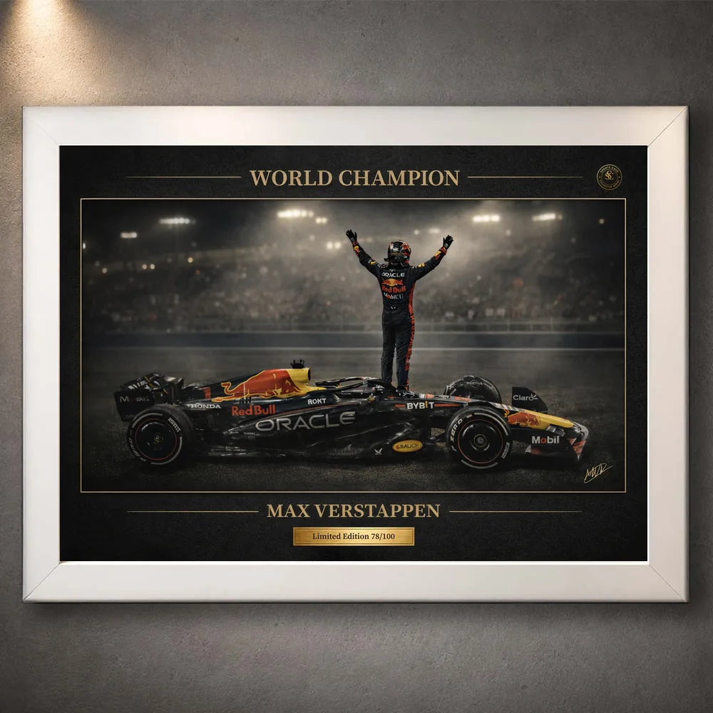 Motorsport wall art displayed in a clean white frame.