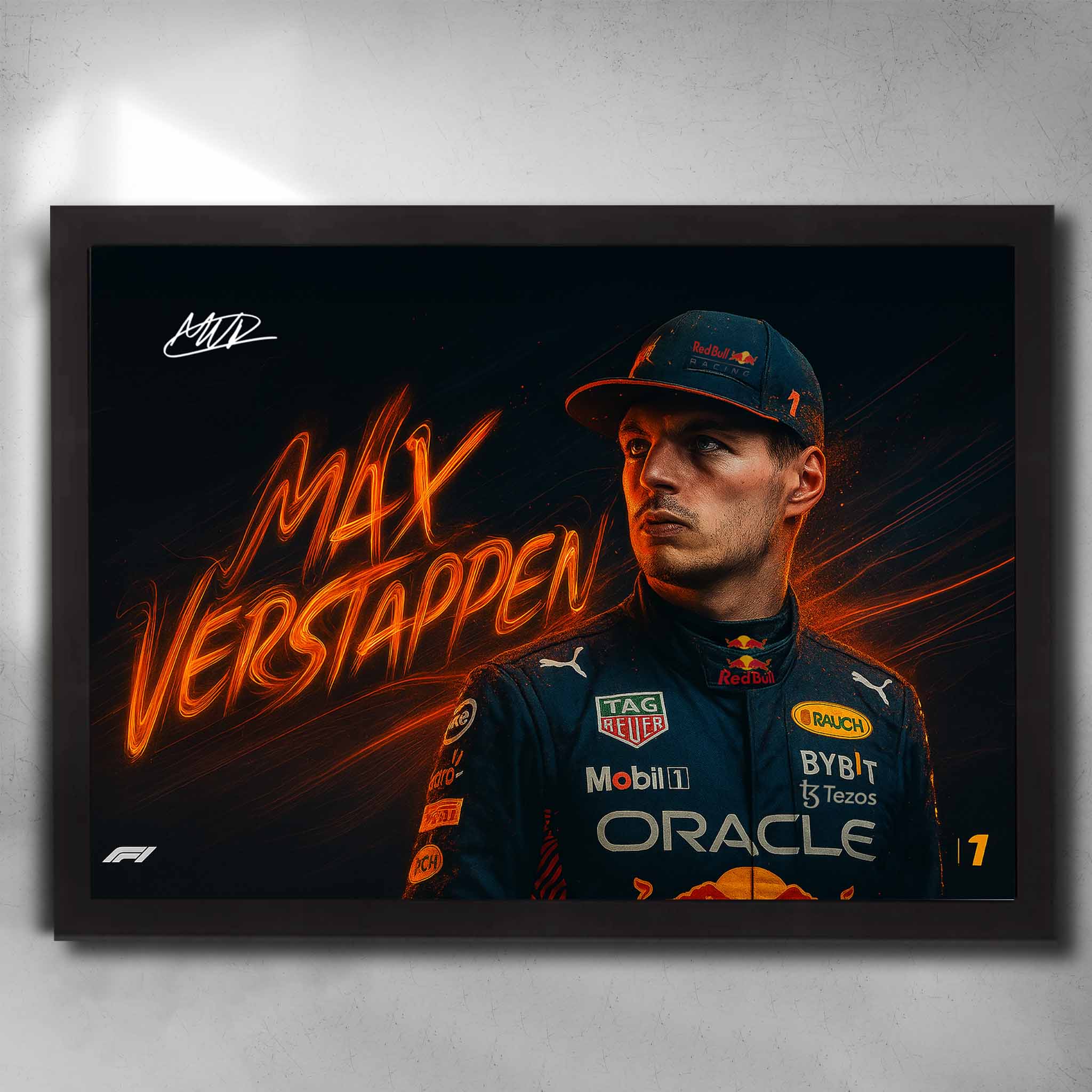 Framed Max Verstappen wall art featuring Red Bull Racing suit, fiery orange effects, and bold F1-themed design.