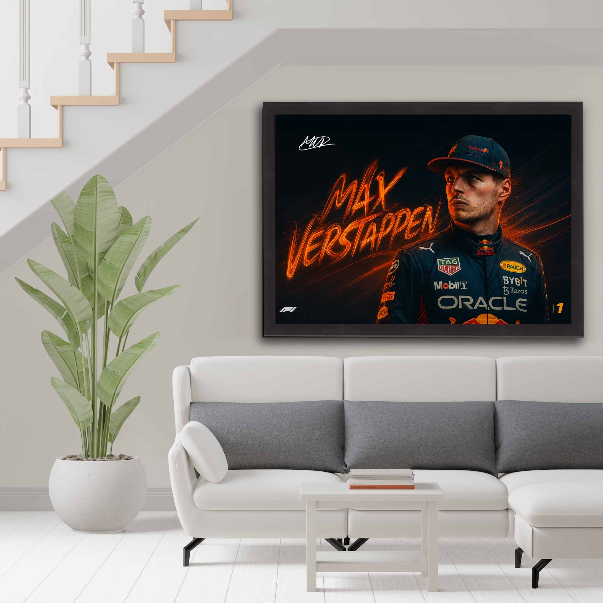 Framed sports art of Max Verstappen displayed in a modern living space, available now at www.sportscaveshop.com.
