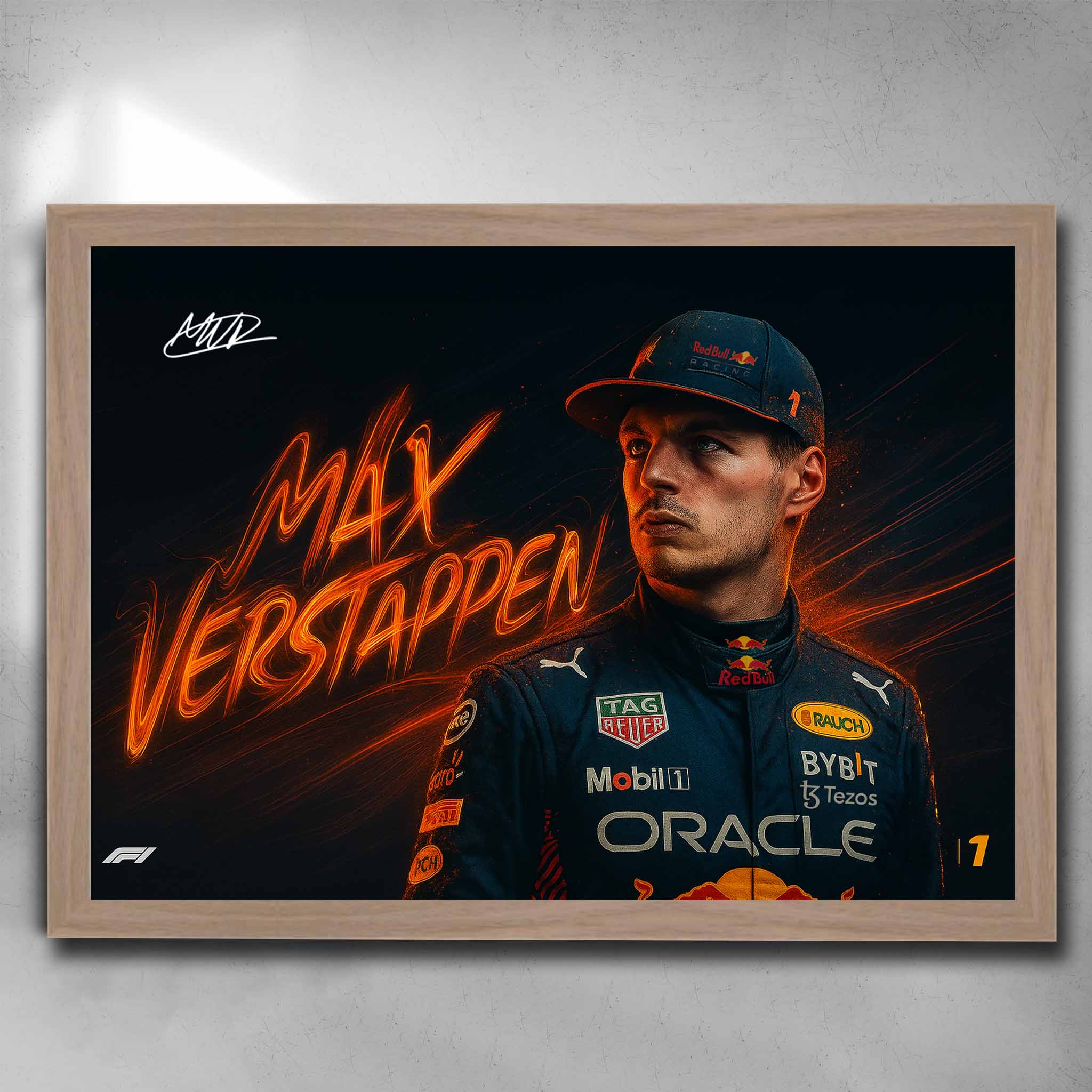 Premium oak framed sports art of Max Verstappen in Red Bull Racing gear, available exclusively at www.sportscaveshop.com.