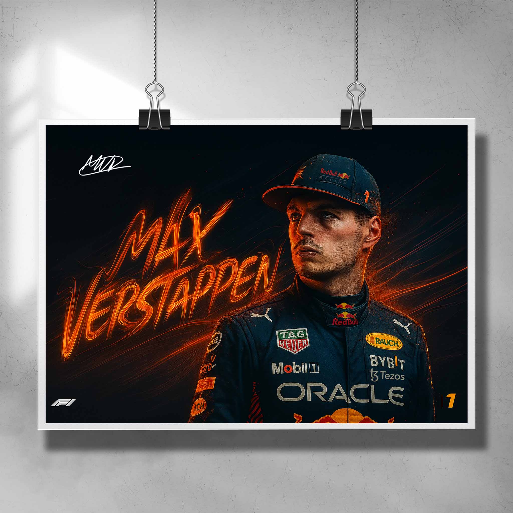 Premium signed formula one poster art of Max Verstappen in Red Bull Racing gear, available exclusively at www.sportscaveshop.com.