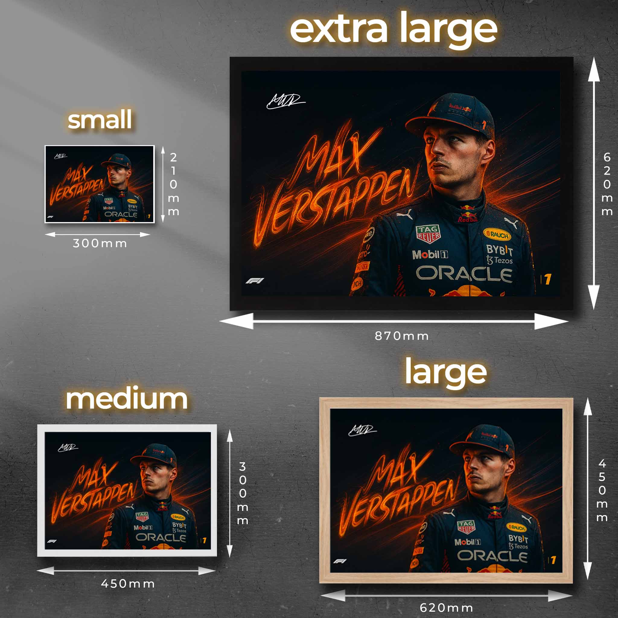 Size comparison of Max Verstappen framed sports art in small, medium, large, and extra-large — from www.sportscaveshop.com.