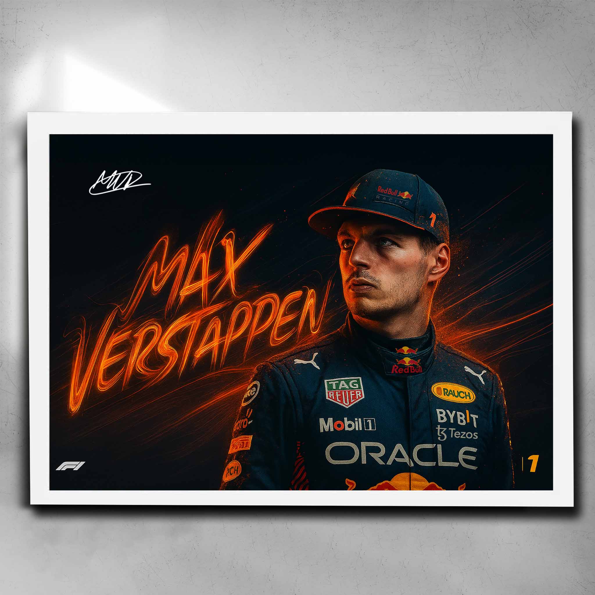 Premium white framed formula one art of Max Verstappen in Red Bull Racing gear, available exclusively at www.sportscaveshop.com.