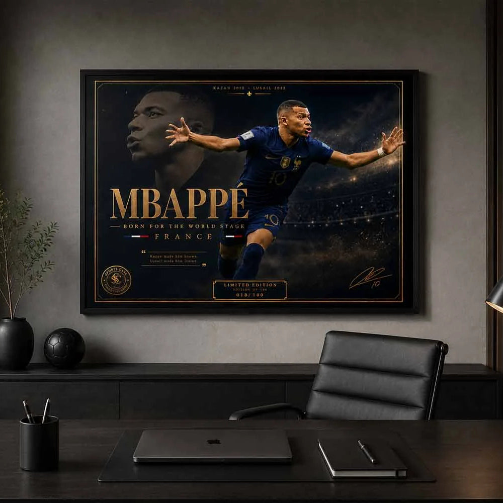 Kylian Mbappé framed sports wall art displayed in a modern executive office with luxury football décor.