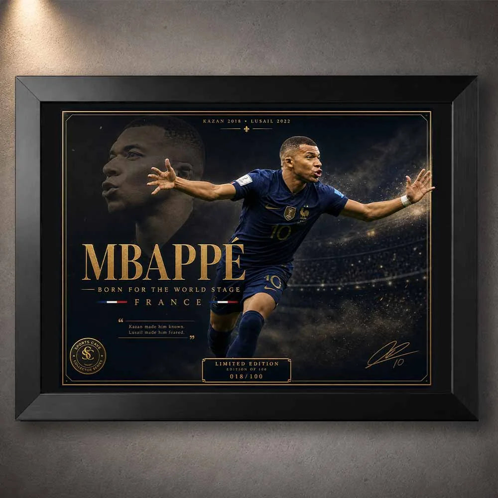 Kylian Mbappé framed sports memorabilia in a black frame featuring premium football-inspired wall décor.