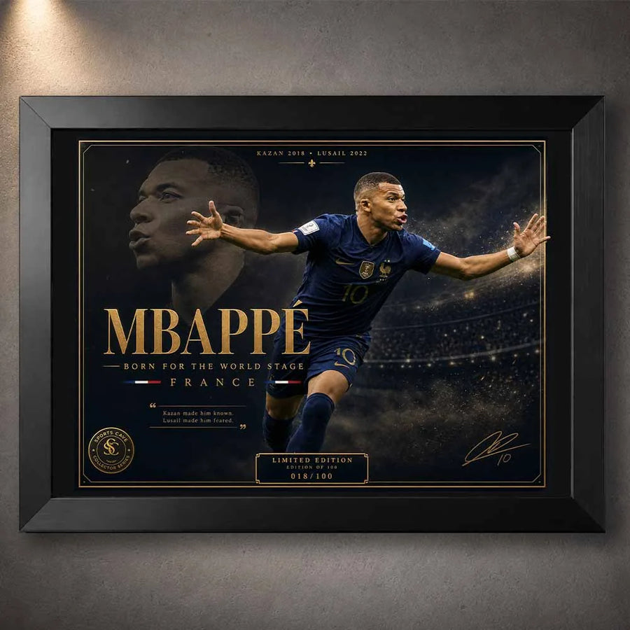 Kylian Mbappé framed sports memorabilia in a black frame featuring premium football-inspired wall décor.