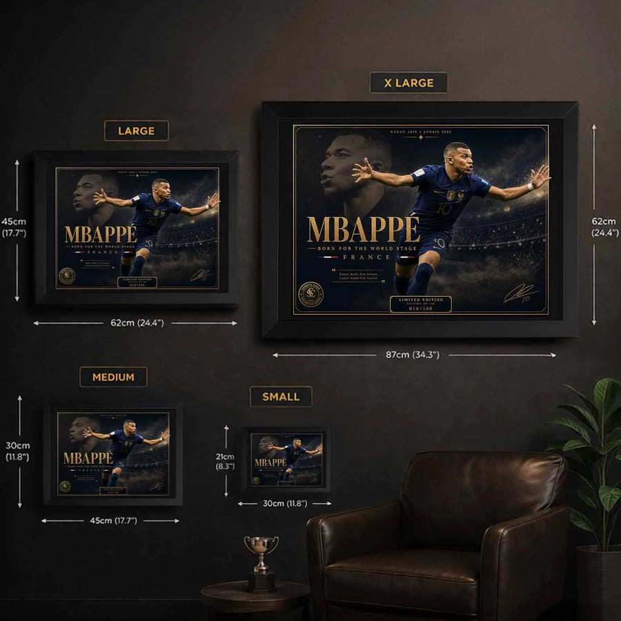Size guide showing Mbappé framed sports wall art dimensions for small, medium, large, and XL prints.