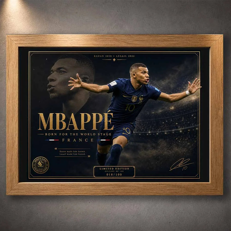 Kylian Mbappé limited edition sports prints showcased in a natural oak frame for modern football spaces.